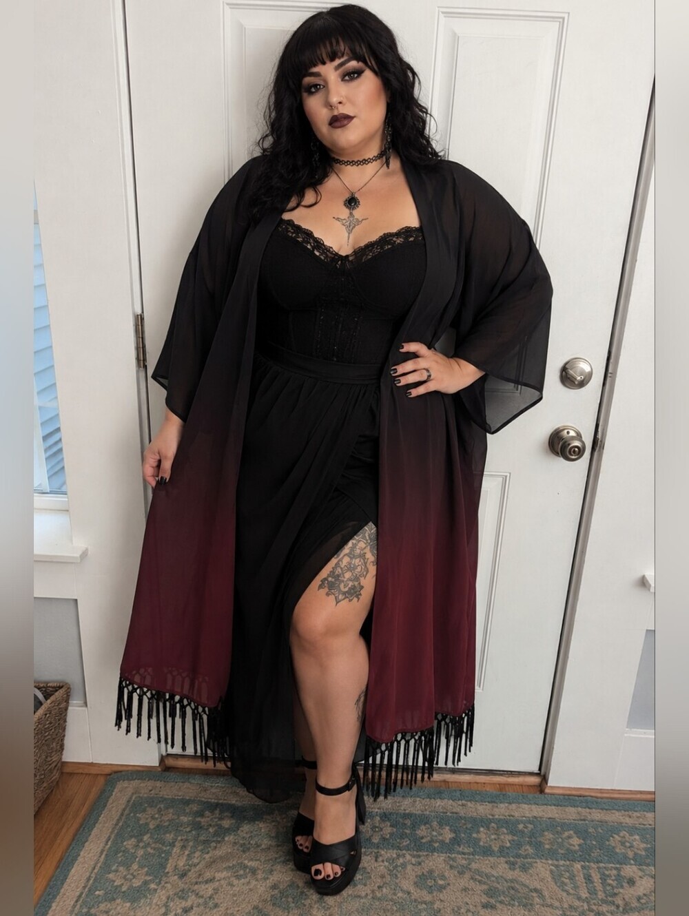 Midnight Hour Black to Burgundy Ombre Fringe Kimono Coverup